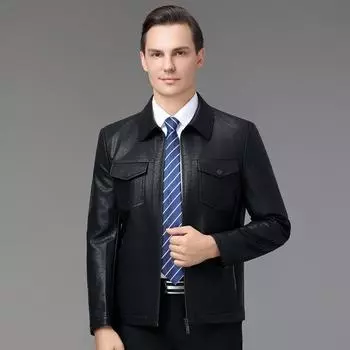 Men s leather jacket autumn and winter young and middle-aged casual zipper lapel solid color thick coat men s leather jacket trend 170