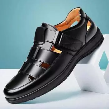 Men s Leather Shoes Business Casual Artificial PU Wear Single Shoes Soft Bottom Non-slip Summer Men s Sandals 39 чёрный