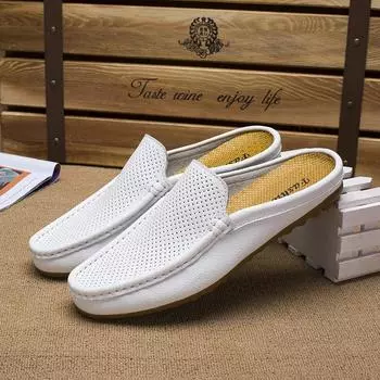 Men s Leather Shoes Casual Doug Shoes Fashion Non-slip Half trailer Men Sandals Moccasin Soft Flats Men Driving Shoes 38 белый