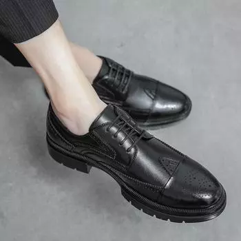 Men s leather shoes wear-resistant casual leather shoes men s business round head platform men s shoes Brock engraved wedding shoes high-tide shoes 37 чёрный