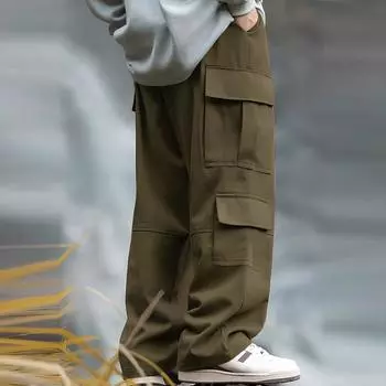 Men s Loose Casual Multi-pocket Work Pants, Youth Stretch Waist Drawstring Pants L