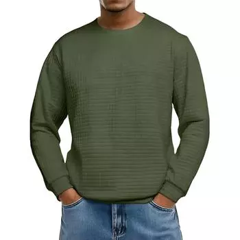 Men s Loose-fitting Casual Waffle-weave Neck Long-sleeved Top L армия зеленый