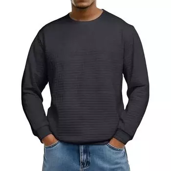 Men s Loose-fitting Casual Waffle-weave Neck Long-sleeved Top L чёрный