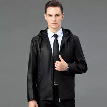 Men s middle-aged men s genuine leather jacket men s hooded autumn and winter sheepskin dad thick coat 170