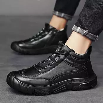 Men s Motorcycle Leather Boots British Style Round Head High Top Shoes Walking Casual Platform Boots Bota Masculina Winter Black 39 серый