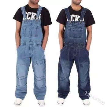 Men s Multi-Pocket Plus Size Loose Denim Bib Pants Teenage Spring Mid-Rise Slightly Stretchable Work Pants 5XL светло-синий