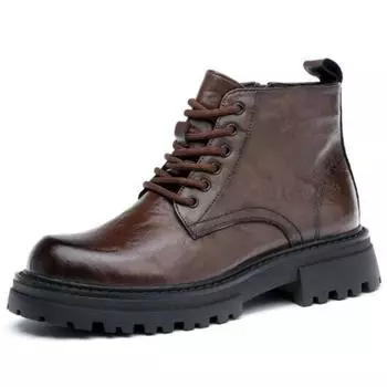 Men s new plus cotton leather motorcycle boots wind thick sole inside elevation locomotive black ankle boots D550 38 чёрный