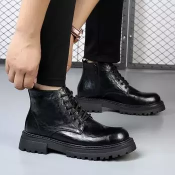 Men s new plus cotton leather motorcycle boots wind thick sole inside elevation locomotive black ankle boots D550 38 чёрный