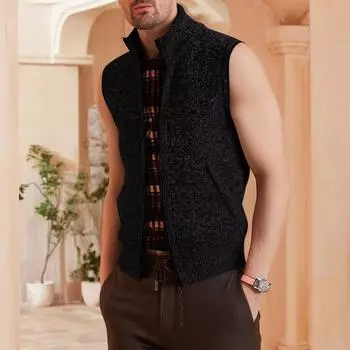 Men s Outdoor Casual Loose-fitting Solid Color Cardigan Zipper Vest Stand-up Collar Knit Jacket XXL чёрный