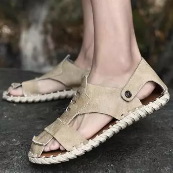 Men s Outdoor Shoes Leather Sandals Men s Casual Beach Vacation Anti-slip Slip-on Wearable Sandals Trendy Comfort Home Slippers 38 бежевый
