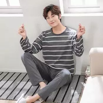 Men s Pajamas Suit Long Sleeves and Trousers Student Pajamas Home Clothes Cartoon O-neck Striped Pajamas Home Clothes M