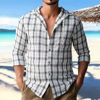 Men s Plaid Hooded Long Sleeve Shirt Autumn Thin Cardigan Sunscreen Shirt S