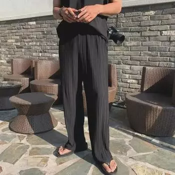 Мужские плиссированные брюки Ice Silk Wide-Leg - летний корейский стиль, свободный крой, модный бренд, высококачественные, повседневные брюки Nine-Point Large чёрный