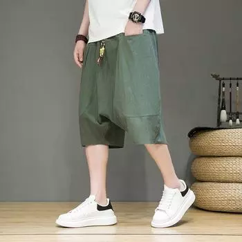 Men s Plus Size Spring and Summer Thin Solid Colour Tie Elastic Waist Casual Five-minute Trousers Wide-legged Shorts S