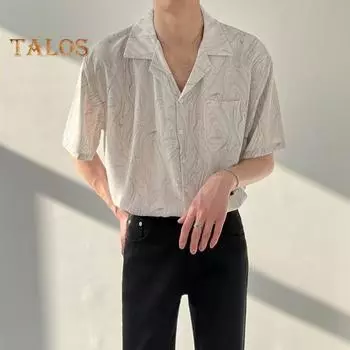 Men s Printed Short Sleeve Shirt Button Down Lapel Shirt with Pocket Summer Casual Beach Top for Vacation Travel S серый