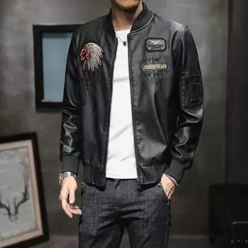 Men s Pu Leather Jacket Baseball Collar Embroidered Locomotive Clothing Spring and Autumn Men s Casual Trend Leather Jacket M чёрный