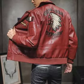 Men s Pu Leather Jacket Men s Lapel Embroidered Motorcycle Spring and Autumn Men s Casual Trendy Leather Jacket M чёрный
