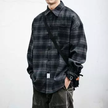 Men s Retro Plaid Brushed Wool Shirt - Autumn/Winter Trendy Loose-Fit Jacket M темно-синий