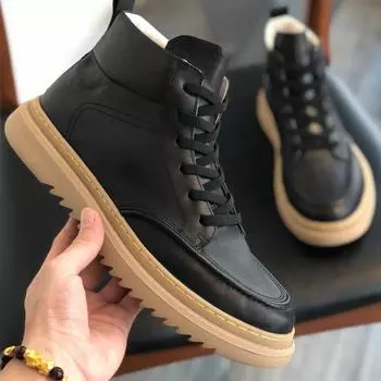 Men s round headed high top leather shoes Fashionable minimalist design style Daily office business walking motorcycle boots 38 чёрный