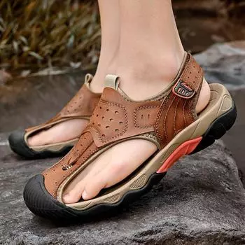Men s Sandals Luxury Summer Mens Genuine Leather Sandals Outdoor Vacation Beach Shoes Waterproof Thick-soled Roman Shoes 41 чёрный