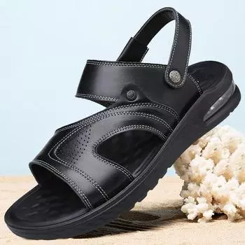 Men s sandals summer cowhide cool slippers men s non-slip one-pedal soft-soled soft-sided outdoor beach shoes 38 чёрный