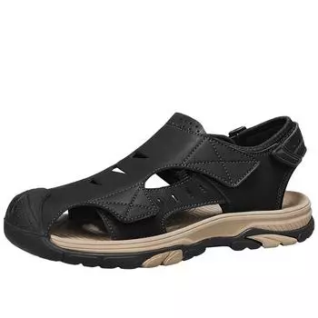 Men s Sandals Summer Genuine Leather Flip-Flop Sandals Casual Vacation Beach Shoes Lightweight and Comfortable Roman Shoes 41 чёрный