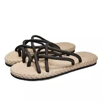 Men s Sandals Summer Open Toe Slippers Mens Personalized Knitting Flip Flops Fashion Beach Sandals Male Casual Antiskid Slides 39 бежевый