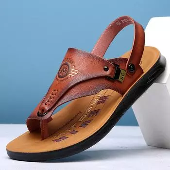Men s Sandals Summer Soft soled Anti slip Beach Shoes Men s Large flip-flops Casual Leather Sandals sandalias hombre pantuflas 38 серый