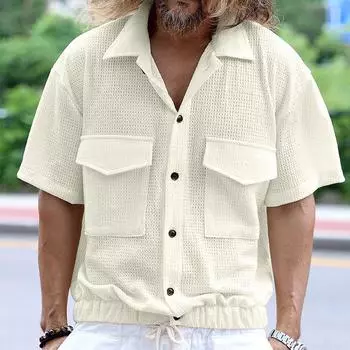 Men s Shirt Cardigan with Multiple Pockets Casual Men s Summer Short Sleeved Shirt S бирюзовый