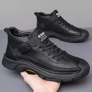 Men s shoes 2024 autumn casual high-top leather shoes men s fleece thickened warm cotton shoes snow boots tide 38 чёрный