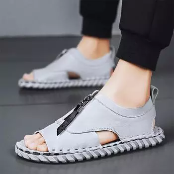 Men s shoes 2025 summer wear new soft leather casual beach shoes men s non-slip sandals dual-purpose sandals Shoes 38 серый