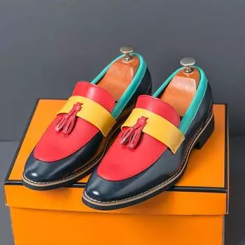 Men s shoes large size new casual leather shoes fashionable men s foot loafers retro trend color matching fringed shoes 38