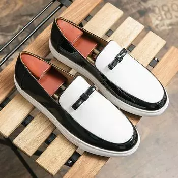 Men s Shoes Men s Bright Leather Casual Slip on Shoes Luxury Fashion Elevator Shoes for Men Male Comfortable FlatsLoafers Shoe 38 черный белый