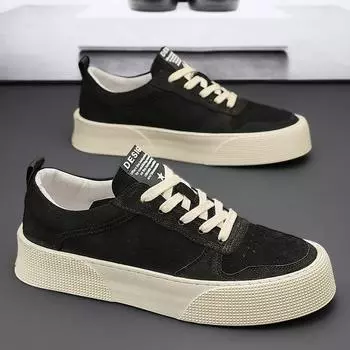 Men s shoes spring and autumn 2025 new trendy black versatile flat shoes men s Korean version of sports and leisure leather trendy shoes 39 чёрный