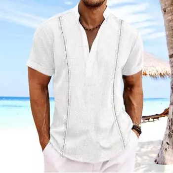 Men s Short Sleeved Cotton Linen Solid Color Patchwork Shirt S чёрный