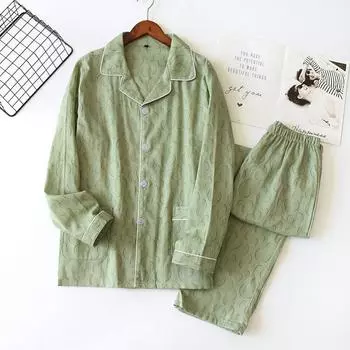 Men s Sleepwear Spring Summer Cotton Long Sleeved Oversized Home Set Casual Two Piece XL зелёный