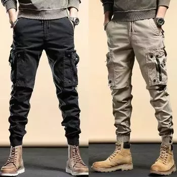 Men s Slim-Fit Multi-Pocket Cuffed Pants, Black, for Spring, Autumn, and Winter Riding 3XL хаки