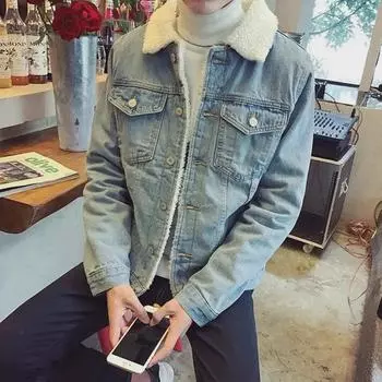 Men s Slim Fit Winter Denim Jacket with Velvet and Lamb Wool Lining 4XL темно-синий