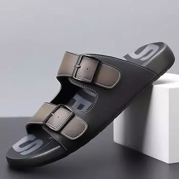 Men s Slippers Original Designer Casual Sandals Luxury Genuine Leather Slippers Outdoor Beach Slippers for Men Summer Flip Flops 38 серый