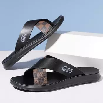 Men s slippers summer new light luxury soft sole one-word drag outside wear personalized trend sandals fashion plaid beach shoes 38 коричневый