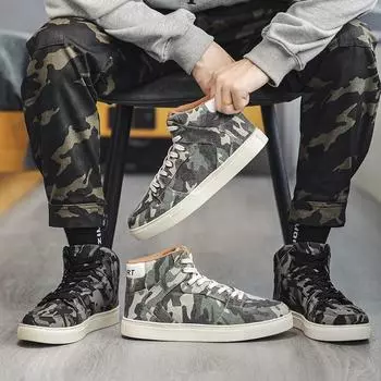 Men’s Sports Shoes High Top Casual Shoes Camouflage Printing Skateboard Sneakers for Students Over Sized EU: 39 зелёный