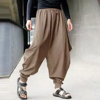 Men s Spring and Autumn Models Plus Size Solid Colour Retro Casual Loose Elastic Waist Harem Trousers Drawstring Trousers 5XL