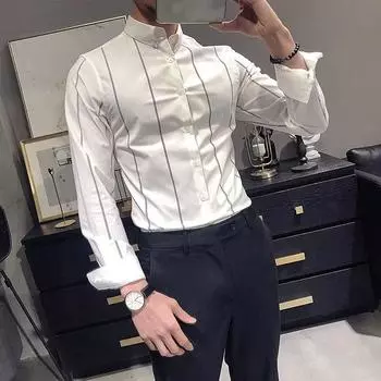 Men s Spring and Autumn Thin Section of Plus Size Anti Wrinkle Long Sleeved Striped Casual White Shirt Gentleman Business Long Sleeved 4XL