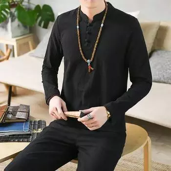 Men s Spring and Summer Chinese Style Suit Plus Size Long-sleeved T-shirt + Pants Two-piece Set 5XL чёрный