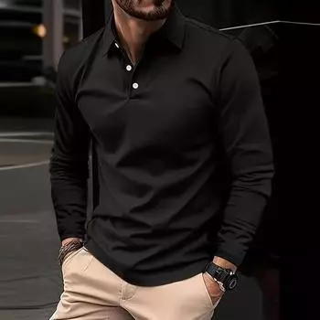Men s Spring Long Sleeve Polo Shirt Solid Color Turn-down Collar Golf Shirts Fashion Business Casual Male Tops Tees S белый