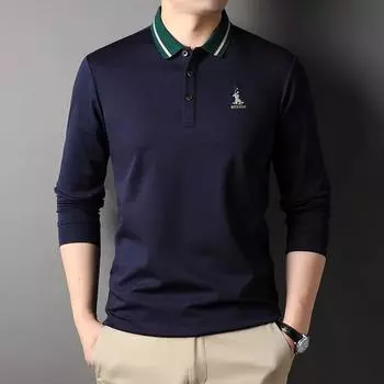 Men s Spring New Style Mulberry Silk Long-sleeved T-shirt Fashionable Casual Lapel Young Men s Polo Shirt M