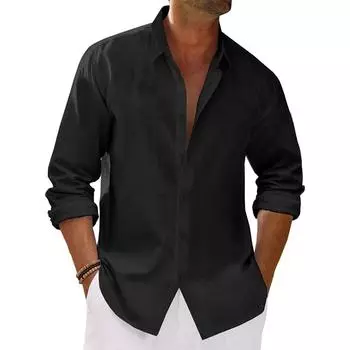 Men s Spring Summer Long Sleeve Shirts Cotton Linen Causal Loose Fit Solid Color Dailywear Lapel Collar Single Breasted Tops S чёрный