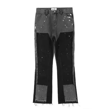 Men s Street Jeans Trend Clothing Spot Ink Color Baggy Jeans Patchwork Fringe Jeans Loose Horn L хаки