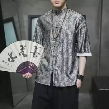 Men s Summer Dragon Pattern Jacquard Shirt: Loose, Short-Sleeved, Stand Collar Tang Suit Style L (suggested for 52-59 kg) красный