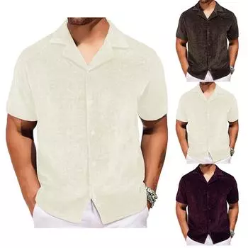 Men s Summer Loose Trend Short Sleeve Shirt Cuban Collar Short Sleeve Shirt L бежевый